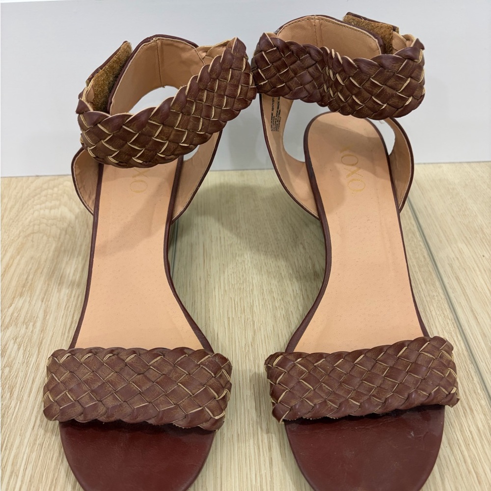 XOXO Brown Braided Wedge Ankle-Strap Sandals. Size 8.5